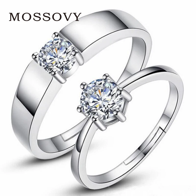 Mossovy Zircon Adjustable Silver Couple Wedding Rings for Women and Male Fashion Rhinestone Engagement Ring for Men for Female