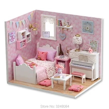 Симпатичный номер розовый собирать деревянные игрушки Сделай Сам игрушка кукла дом деревянный кукольный дом Миниатюрный Кукольный домик с светодиодный свет, подарок на день рождения