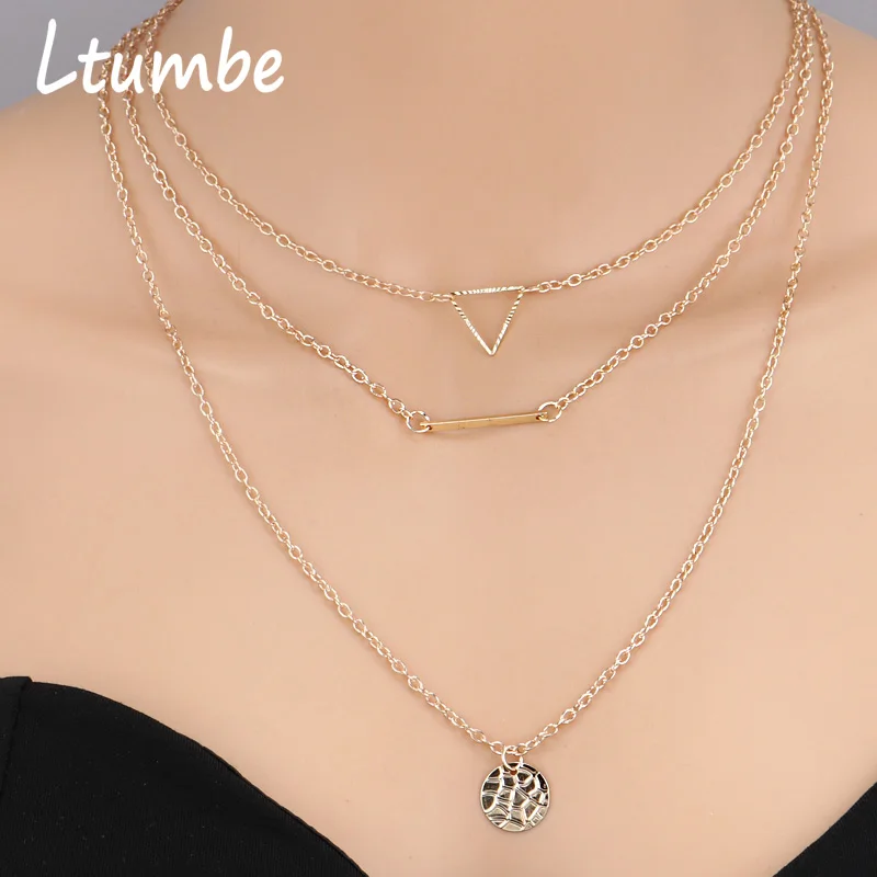 Ltumbe New Fashion Multi Layer Triangle Coin Statement Necklaces Gold