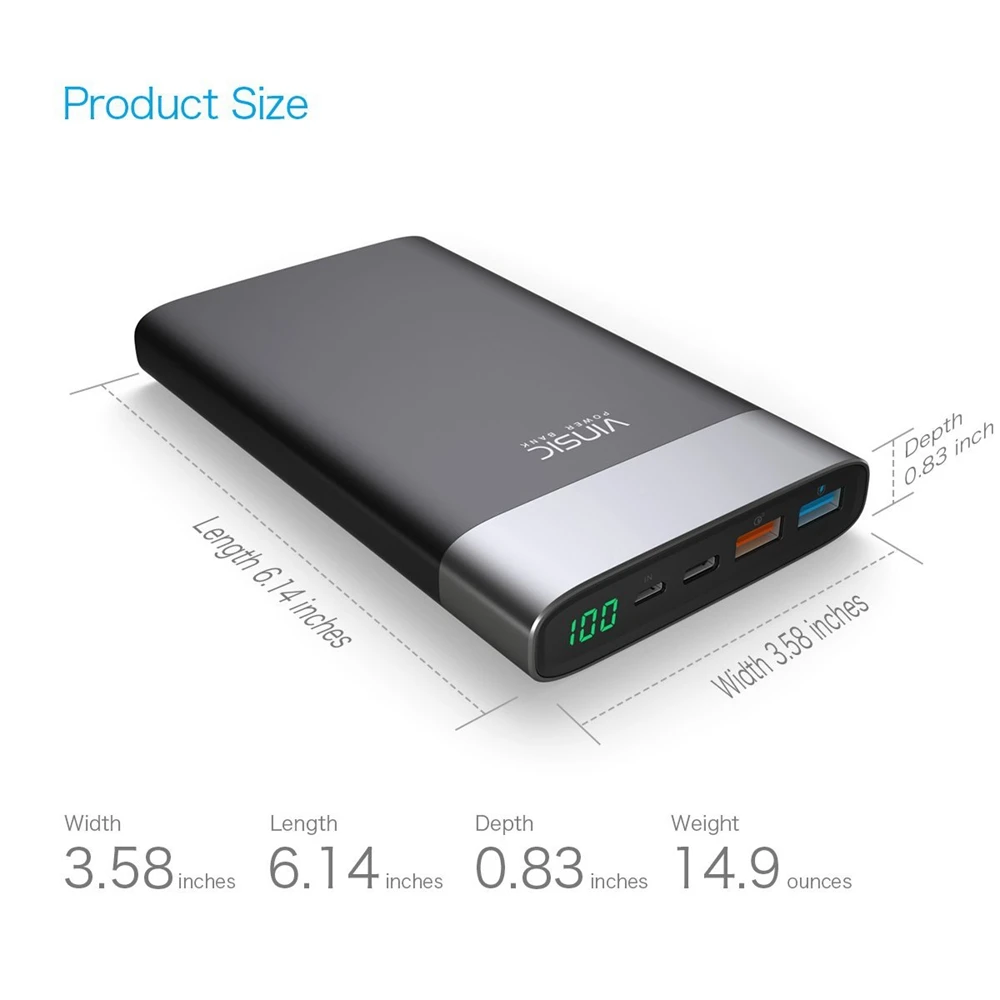 Vinsic 20000 мАч Внешний аккумулятор QC3.0 Быстрая зарядка внешний USB C для Macbook Xiaomi Mi8 Nexus
