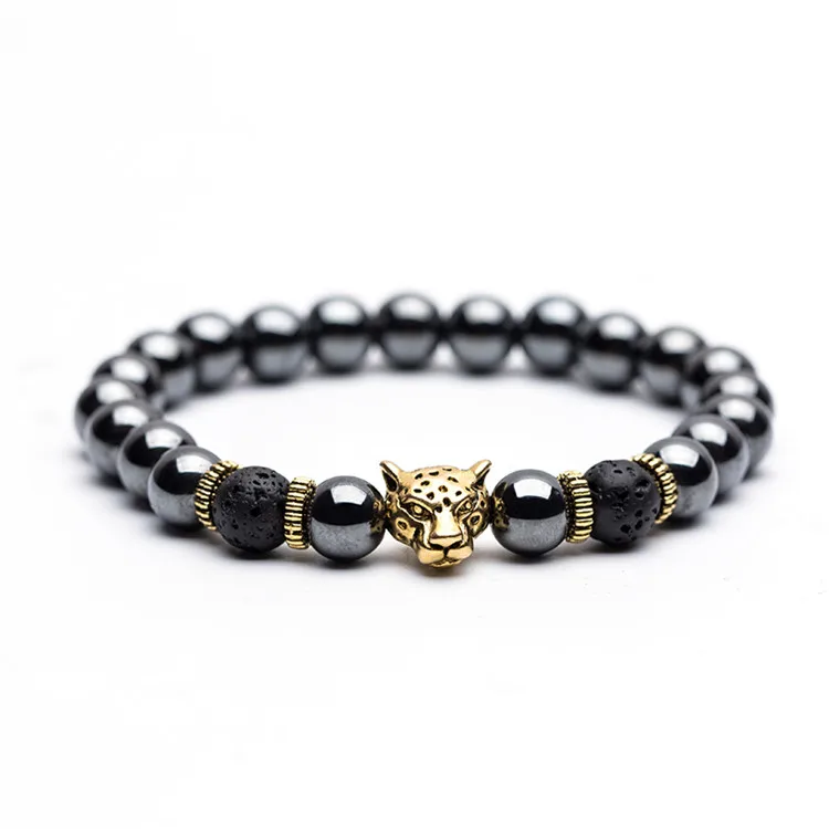 Высокое качество, натуральный камень, мужские браслеты, шарм, Счастливый тигр, леопард, гематит, золотой и серебряный, эластичные браслеты для мужчин и женщин - Окраска металла: B020335