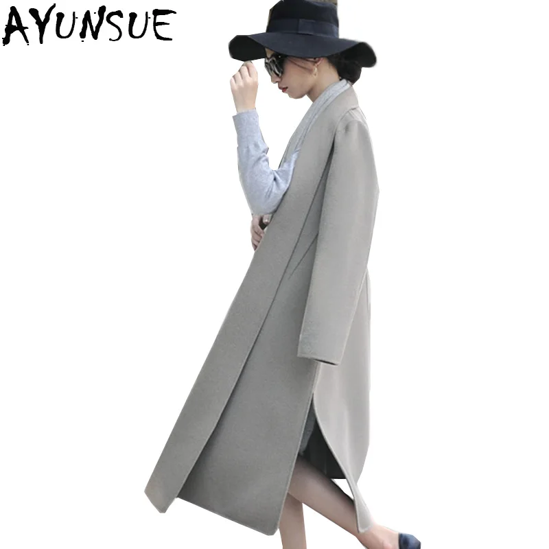 AYUNSUE Европейский Элегантный двусторонний шерстяное пальто для женщин осенний длинный рукав ремень пальто для женщин верхняя одежда Горячая LX1823