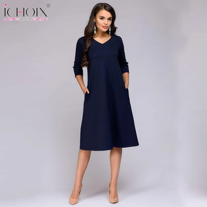 ICHOIX 2018 Spring Summer Solid Color Dress Three Quarter Sleeve Pockets Elegant Dress Women Loose Casual Dress Purple Vestido ICHOIX 2018 Spring Summer Solid Color Dress Three Quarter Sleeve Pockets Elegant Dress Women Loose Casual Dress Purple Vestido