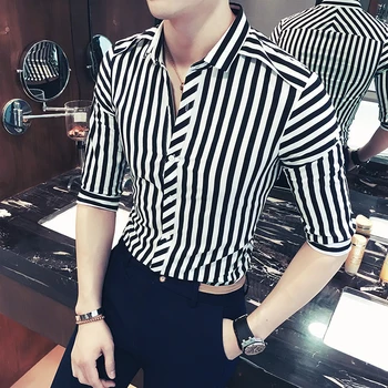 

Summer striped seven-sleeved shirt men's Korean version slimming stripe trend handsome short clothes