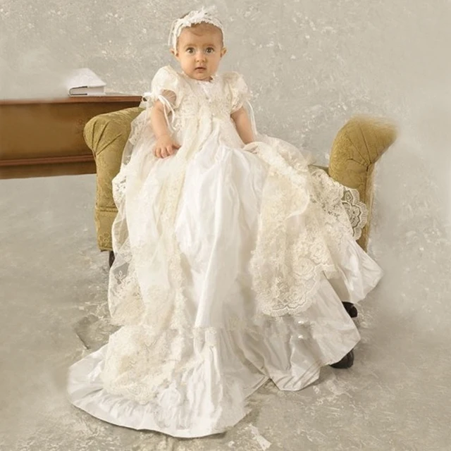 Best price at $118 Cheap With Headband Baby Christening Dresses Princess Puff Sleeves O-neck Lace Solid Baby Girl Party Dress 1 Year Vestidos Bautizo
