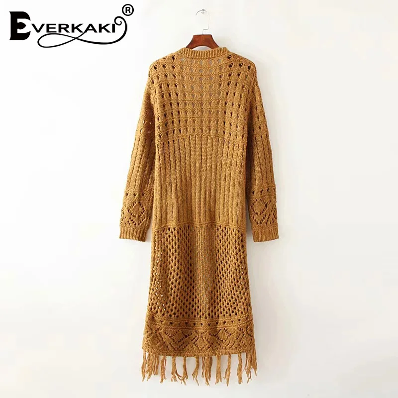 Everkaki Boho с кисточками, однотонный вязаный кардиган, свитер для женщин, выдалбливают Длинные кардиганы, пальто, теплые женские, Осень-зима, Новинка