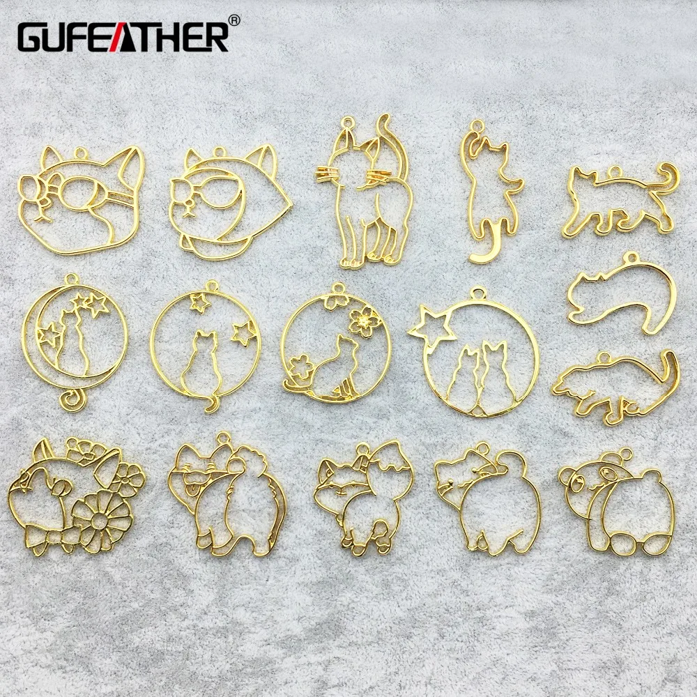 

GUFEATHER M215,cat shape,epoxy resin metal frame,charm,handmade,gold pendant bezel setting,jewelry making,diy jewelry,10pcs/pack