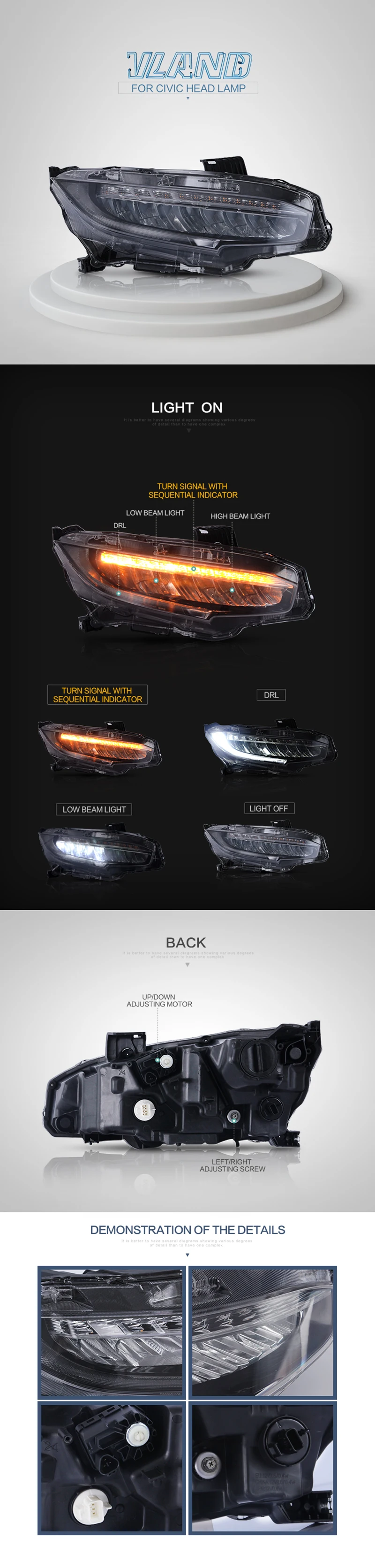 VLAND Factory Head Lamp For Civic LED Headlight Full LED Head Light With Moving Signal+Plug And Play+Waterproof