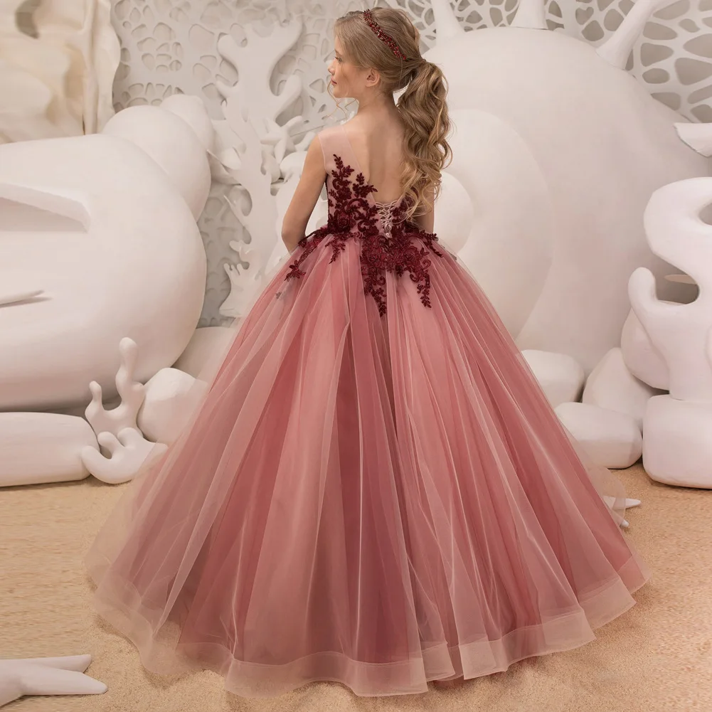 Летнее кружевное платье с красным цветком для девочек; Vestido Flores Largo; вечернее платье; платье для свадебной вечеринки; Robe Fleur