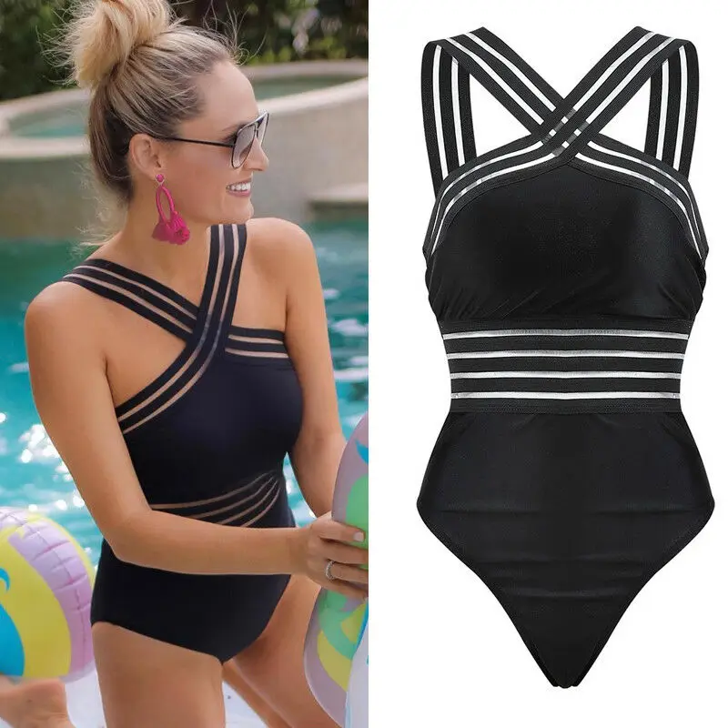 

2019 Sexy One Piece Swimsuit Women High Neck Bandage Cross Back Neck Monokini Black Swimwear Women Bathing Suits Swimming Suit