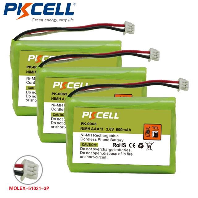 3pcs PKCELL NiMh Rechargeable Cordless Phone Battery Pack AAA*3 3.6V