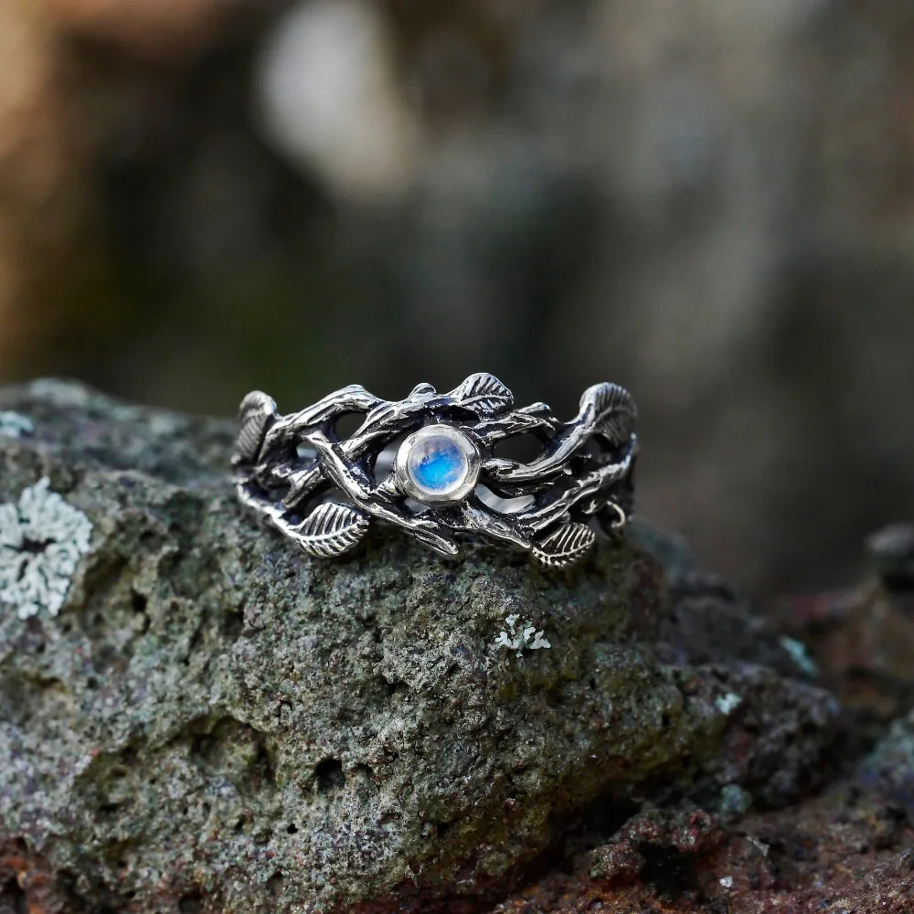 female women Creative natural moonstone branch ring ...
