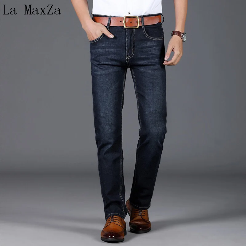 Высокое качество Большой размер 40 Однотонная одежда синий джинсы прямые брюки стрейч деним Для мужчин бренды джинсы