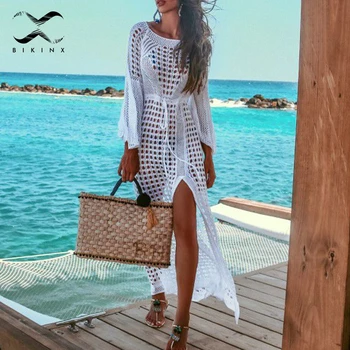 

Bikinx Hollow out fashion beach dress Ankle length white kafan cover-ups Beach wear sarong Summer tunic cardigan women 2019 new