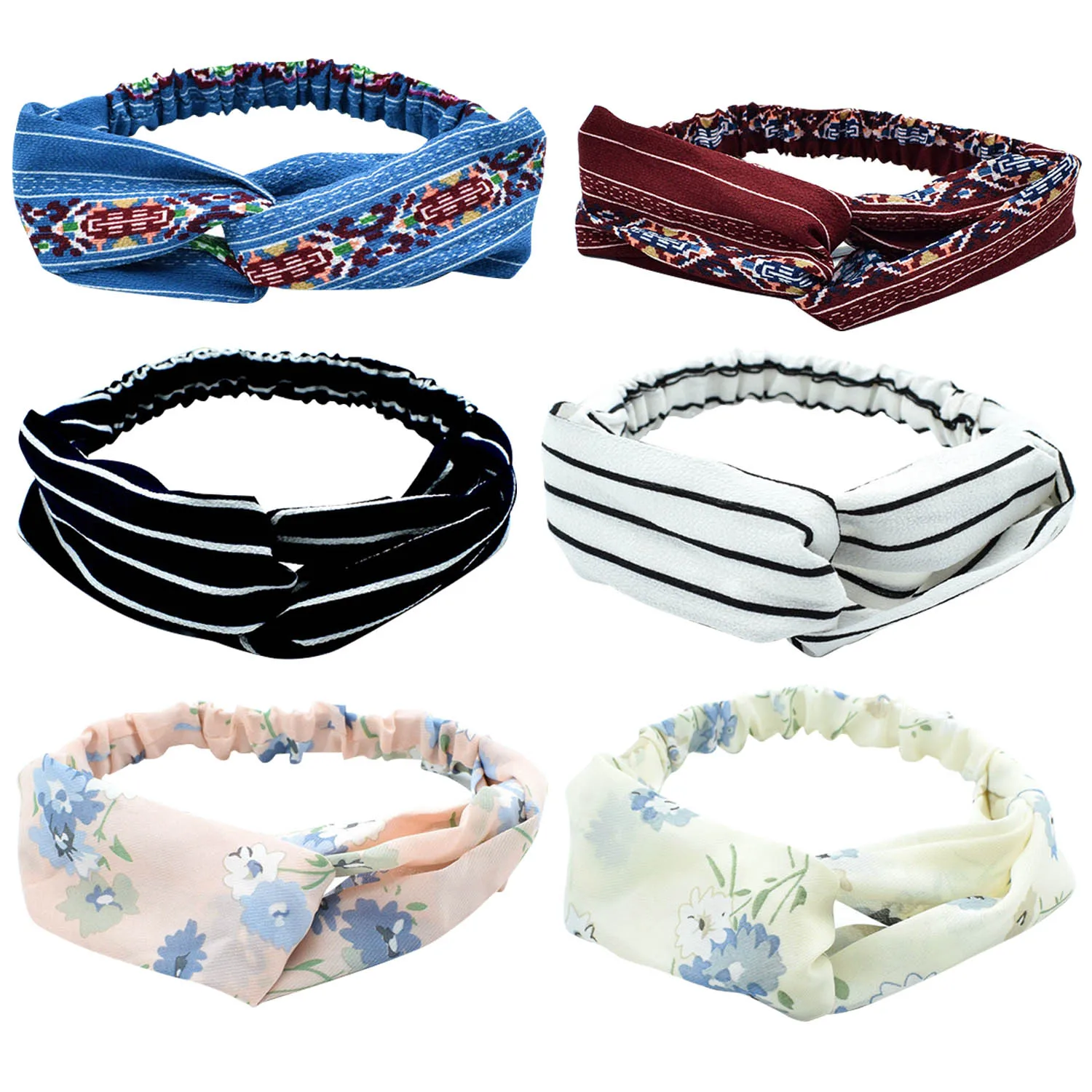 

6pcs Assorted Style Hair Band Headband Fashion Printed Pattern Cross Head Wrap Women Ladies Girls Yoga Sports Workouts Hairbands
