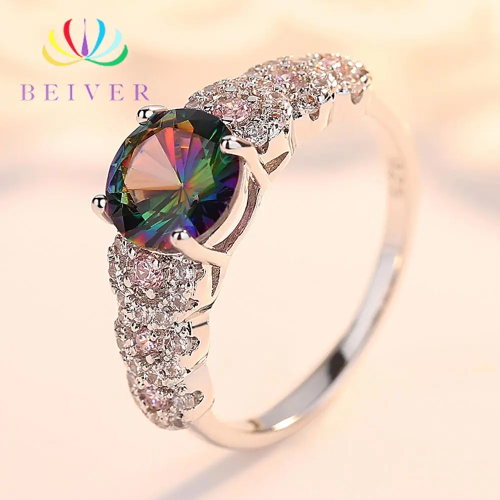 Beiver Роскошные Cz Кристаллы разноцветные кольца для женщин Круглый Вырез Винтаж