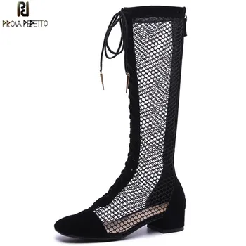 

Prova Perfetto New Brand Design Fishnet Patchwork Boots Shoes Laces Front Cross Tied Hollow Out Boots Women Spring Summer Boots