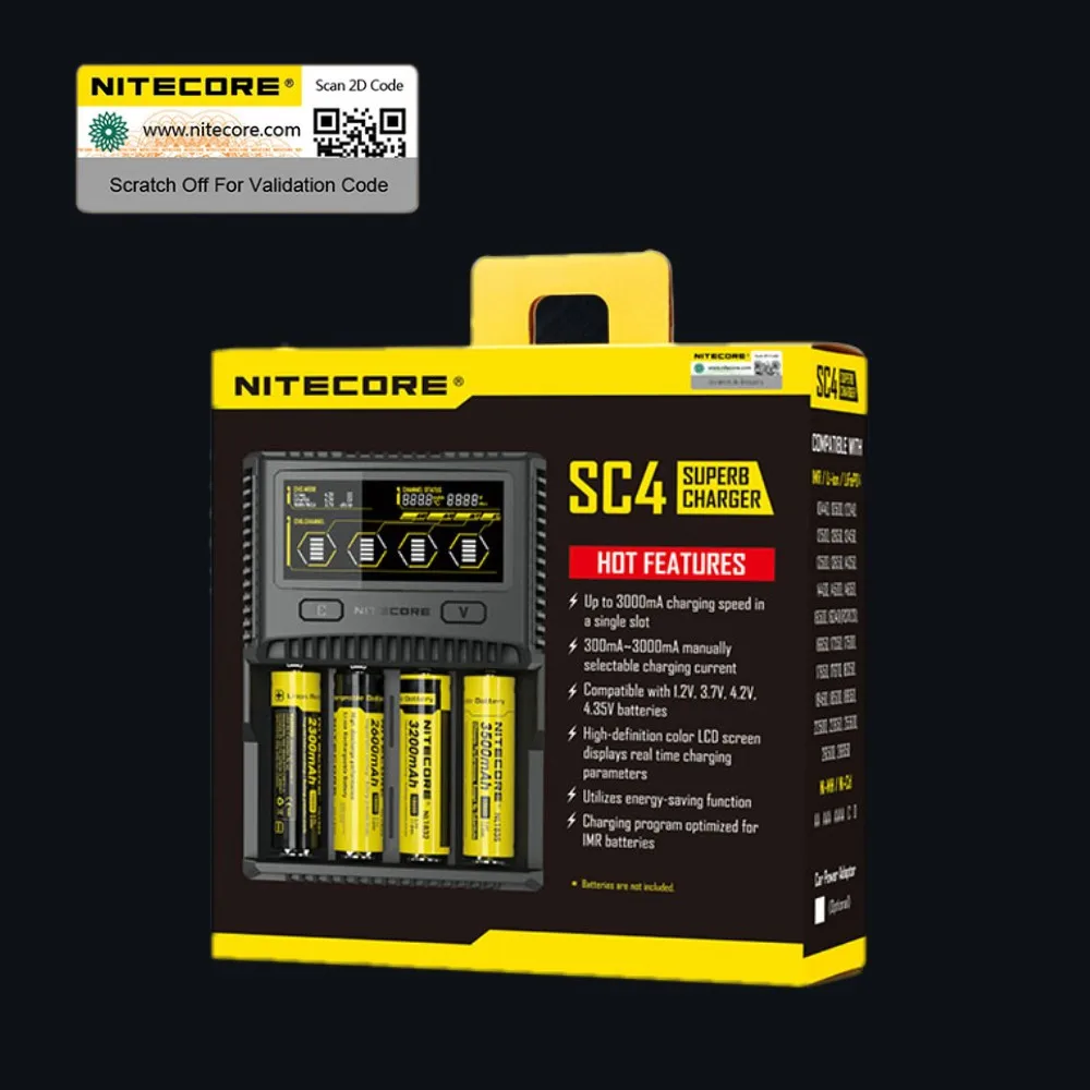 NITECORE SC4 интеллектуальное зарядное устройство для быстрой зарядки превосходное зарядное устройство с 4 слотами 6A общий выход совместимый IMR 18650 14450 16340 AA аккумулятор