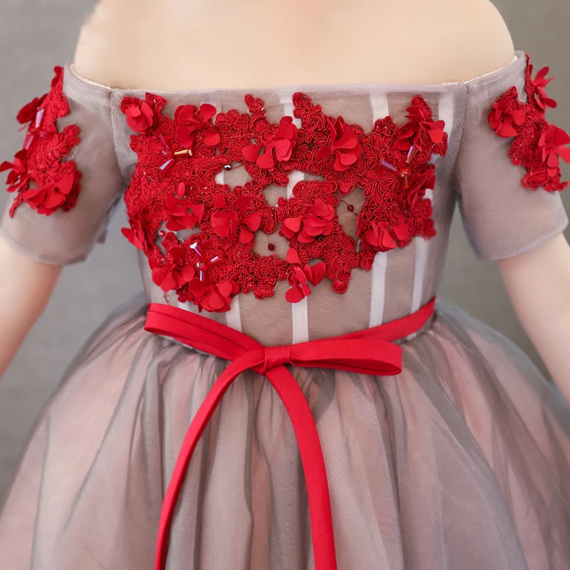 Милые свадебные бальные платья для девочек с аппликацией; сетчатые платья для Святого Причастия; платье принцессы с открытыми плечами и цветочным рисунком; vestidos; платье на шнуровке; S123