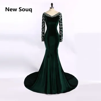 

Saudi Arabic Mermaid Evening Dresses Crystal Beaded Long Sleeves Evening Dress Abendkleider Velvet Long Prom Dress