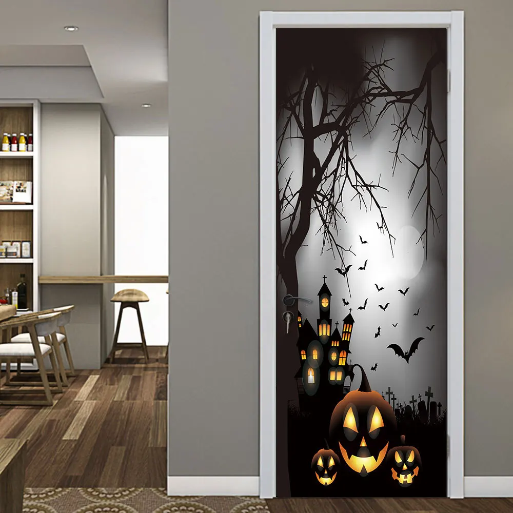 Fog Moon Night Pumpkin Bat Sticker Halloween Decoration Door Party Decal | Дом и сад