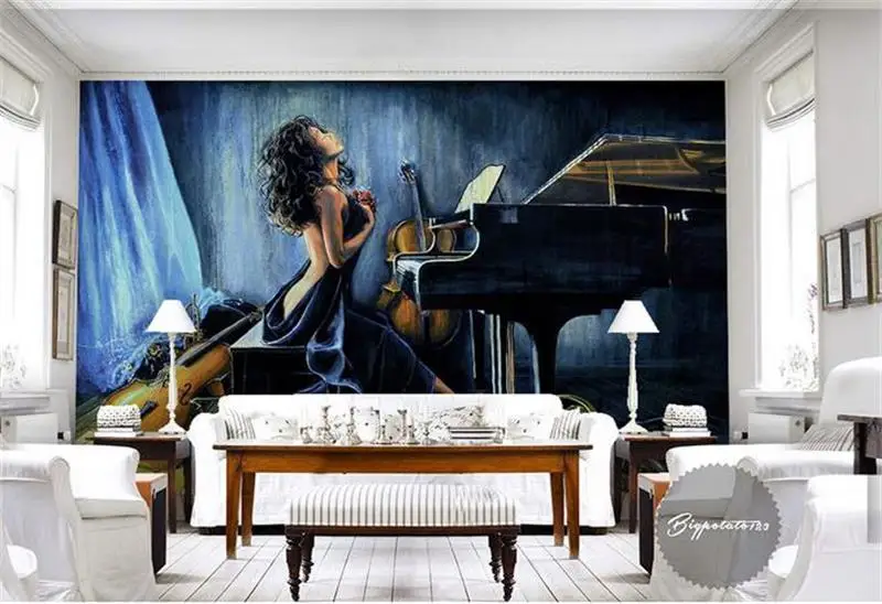 Пользовательские фото 3d обои Нетканые фрески сексуальная красота игра на пианино украшение живопись 3d настенные фрески обои для гостиной