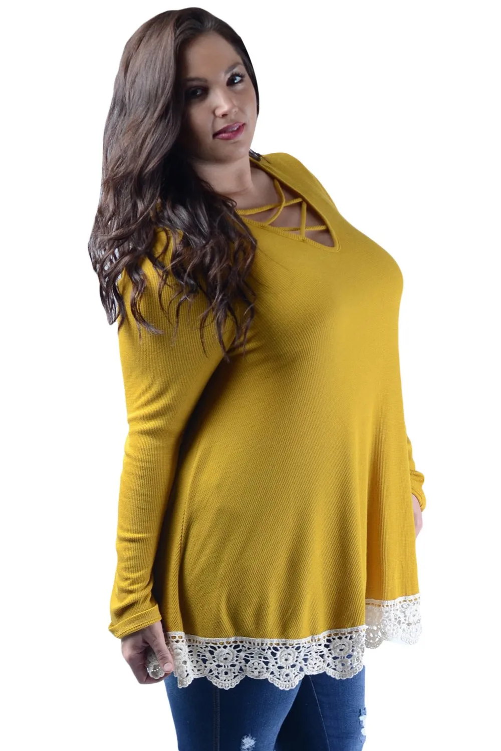Yellow-Crisscross-Crochet-Hem-V-Neck-Plus-Size-Top-LC251151-7-2