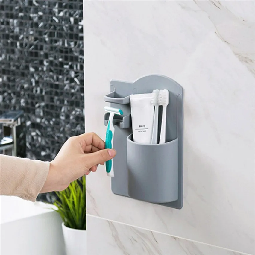 

Punch-Free Toothbrush Holder Wall-Mounted Storage Box Washing Tooth Holder Bathroom Razor Rack Black 4L