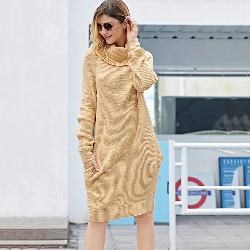 

Autumn and winter new European and American long women's hooded rib high collar ladies knitted sweater