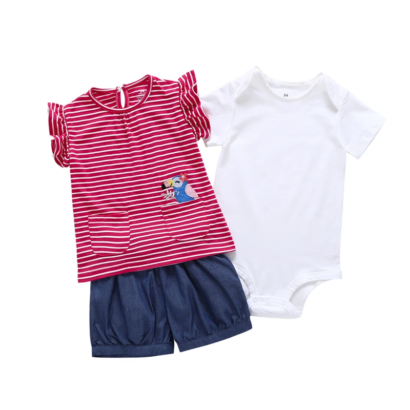 6-24 month infant baby girl clothes summer sleeveless Tshirt tops stripe+white bodysuit+shorts newborn 3 pieces outfit 2018 new