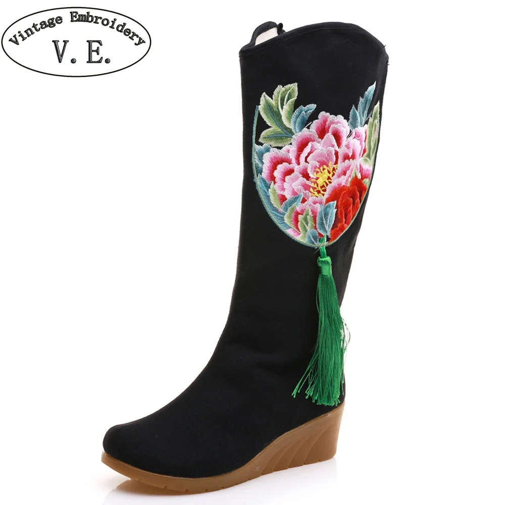 

Winter Women Boots Peony Embroidered Canvas Mid Boots Wedges High Heel Ladies Tall Black Booties Botas Mujer Woman
