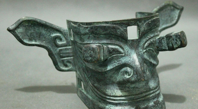 

Old China San Xing Dui Culture Bronze Man Face Head Statue Vizard Mask