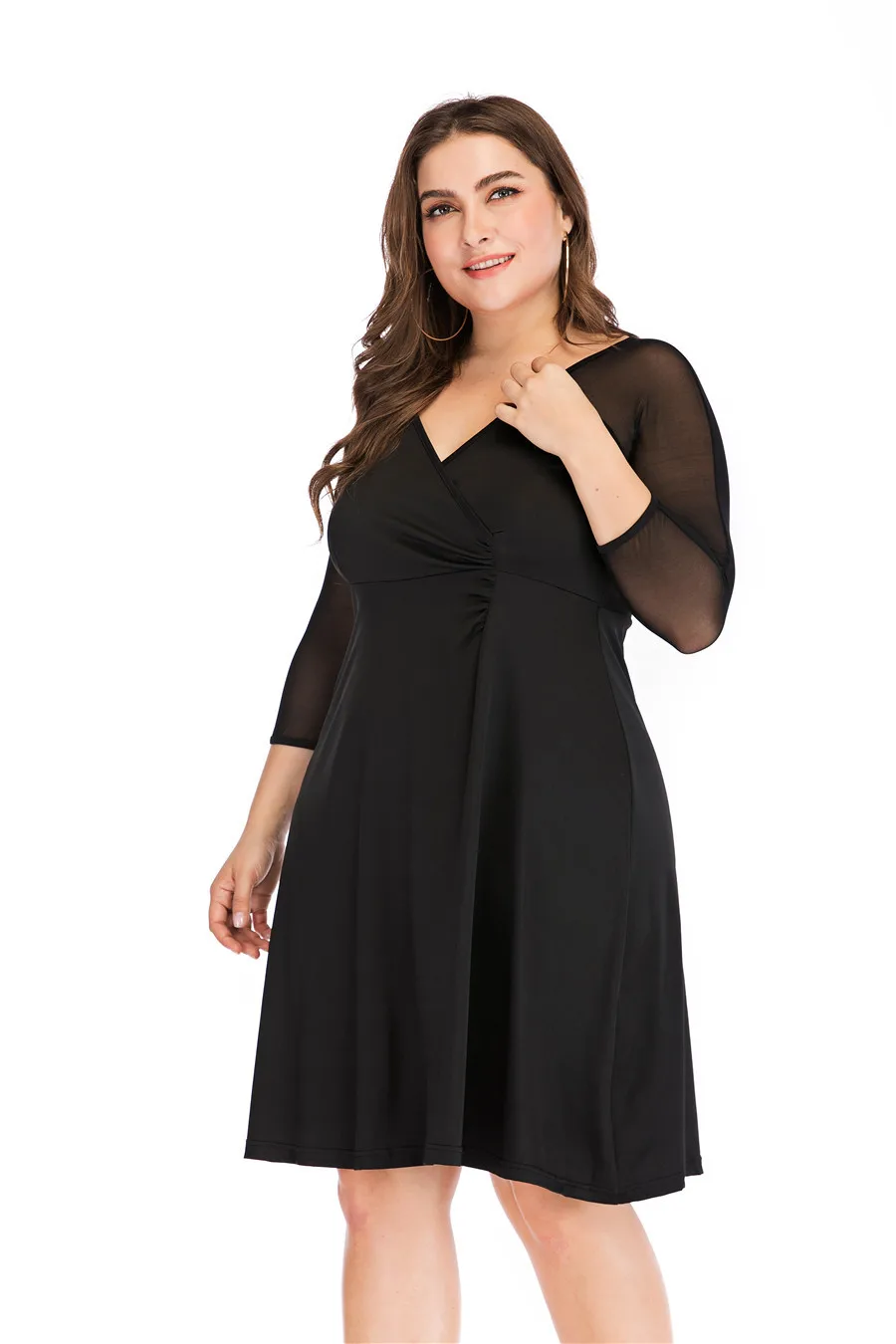 

YINGLIZI 2019 latest explosion black mesh stitching seven-point sleeves waist elegant European and American large size dress