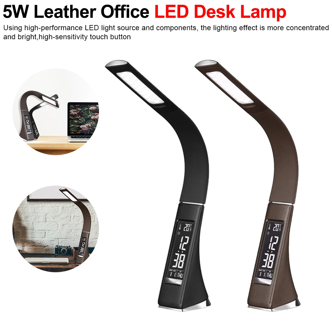 

LED Desk Lamp Dimming Table Lamps with LCD Display Clock Calendar For Work 5W Leather Texture Office Business