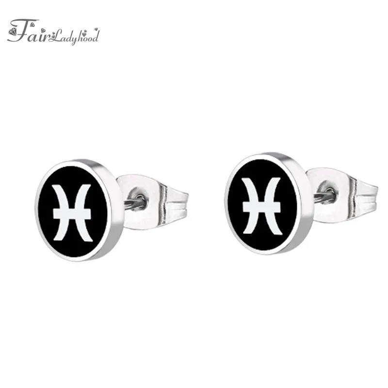 FairLadyHood 8mm 1 Pai Punk Simple Stainless Steel Earrings Men Women Couple Twelve Constellation Stud Aretes | Украшения и