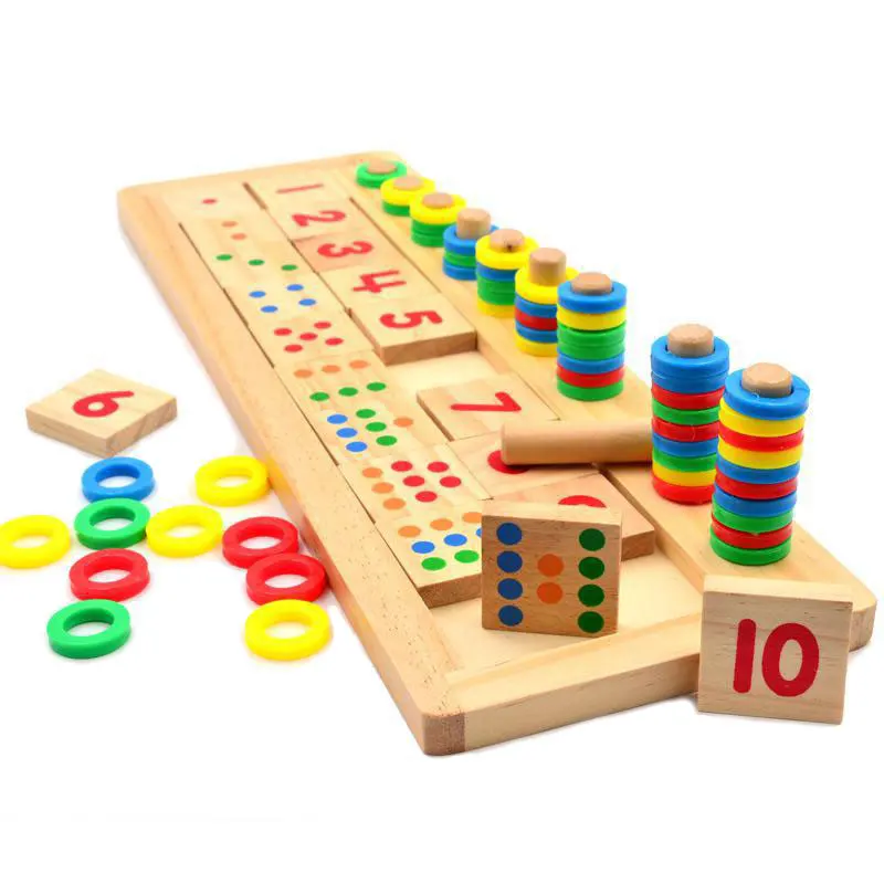 BOHS Montessori Rainbow Rings Dominos Children Preschool Teaching Aids Counting and Stacking Board Wooden Math Toy