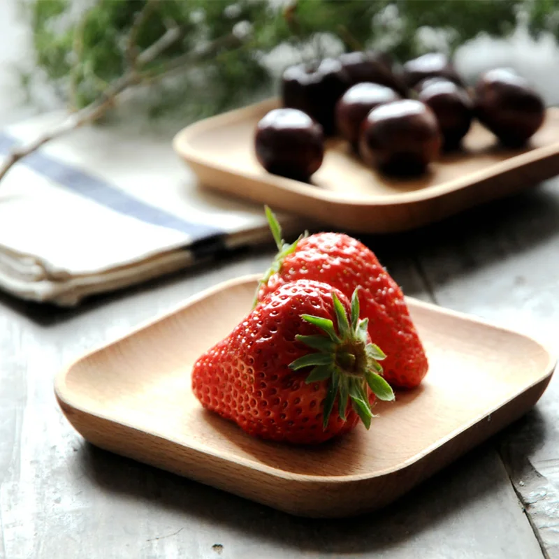 5 Square Cake Tray Natural Wooden Dishes Mini Beech Wood Plate for Sushi Snack Fruit Mug Coaster (1)