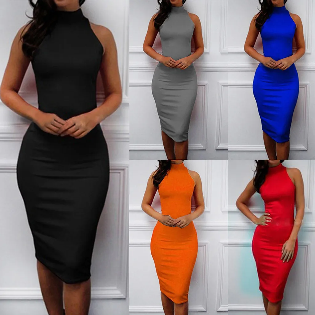 

2019 ISHOWTIENDA Brand Summer Dress Sexy Women's Slim Strapless Backless Knee Dress Turtleneck Skinny Dress Midi Dress hot sales