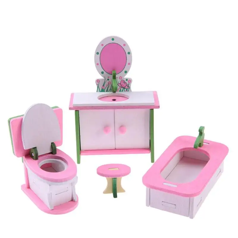 Деревянный играть дома деревянные игрушки Кухня комнаты Гостиная мини украшения претендует миниатюры мебель Игрушки Миниатюрный Кукольный домик - Цвет: Розовый