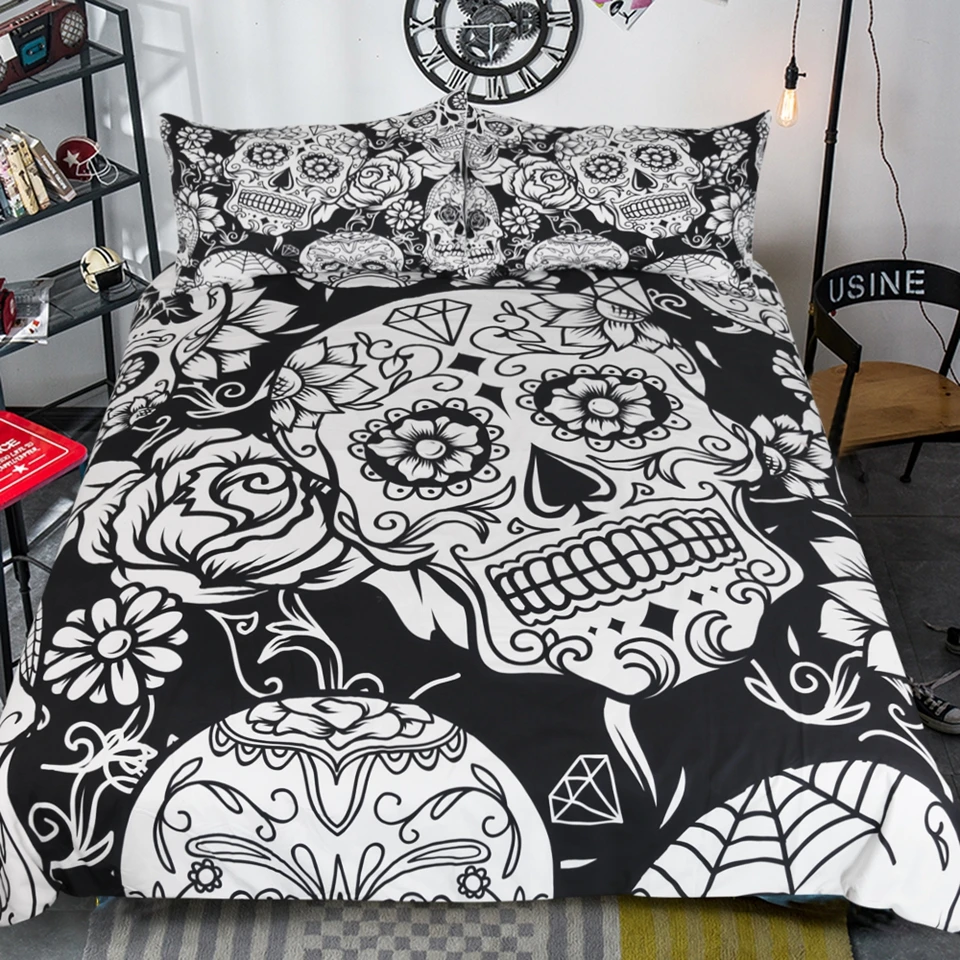 

LISM 3Pcs New Skull head Duvet Cover Set With Pillowcases Halloween black Bedding Set Microfiber Soft Quilt Cover Queen Size