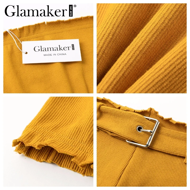 Glamaker вязаный желтый с открытыми плечами женский летний костюм из двух частей