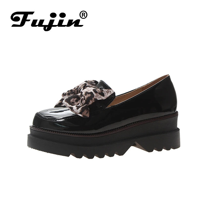 

Fujin 2020 Autumn Women Flat Creepers Platform Shoes Pu Slip on Loafers Women Casual Butterfly Knot Leather Shoes