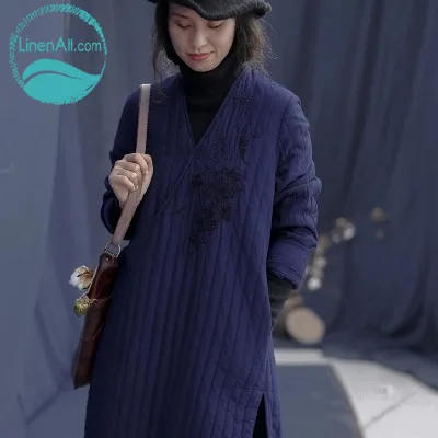 Cheap  LinenAll.com women's parkas blue+green original design vintage long thickening cotton-padded Chinese style outerwear coats muyi