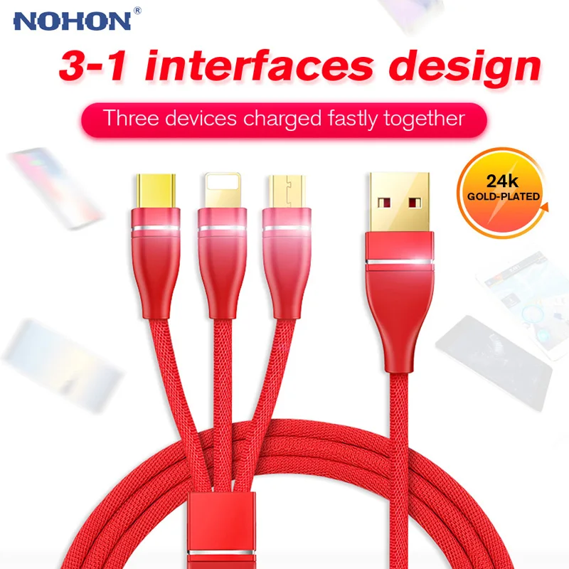 NOHON 3 в 1 USB кабель 8pin Micro type C для Apple iPhone 8X7 6 6S Plus samsung Xiaomi Nokia Быстрая зарядка USB провод