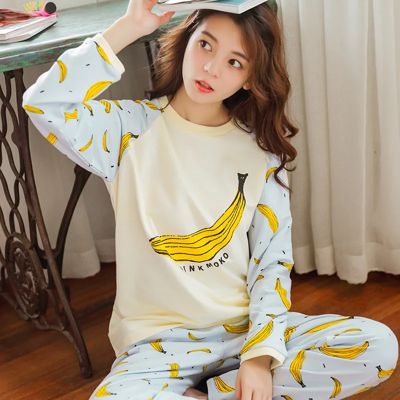 Хлопковое женское Новое дизайнерское ночное белье, женские модные пижамные комплекты с круглым вырезом и принтом банана для девочек, женские пижамные комплекты в Корейском стиле