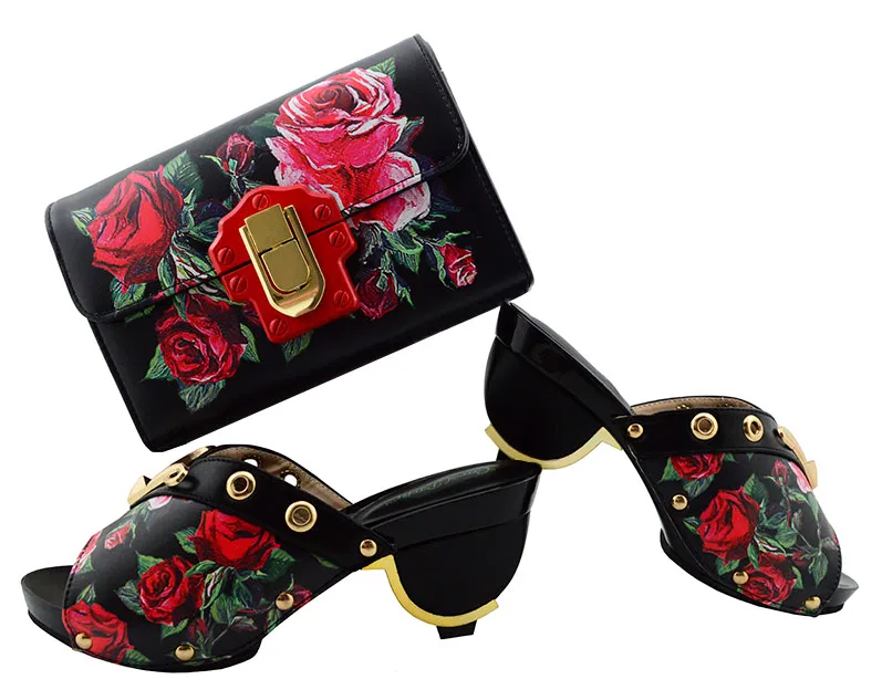 

SB8130-8 Black big flower printing design shoes and bag matching set low heel 3 inches with size 38 to 42 shoes bag clutches