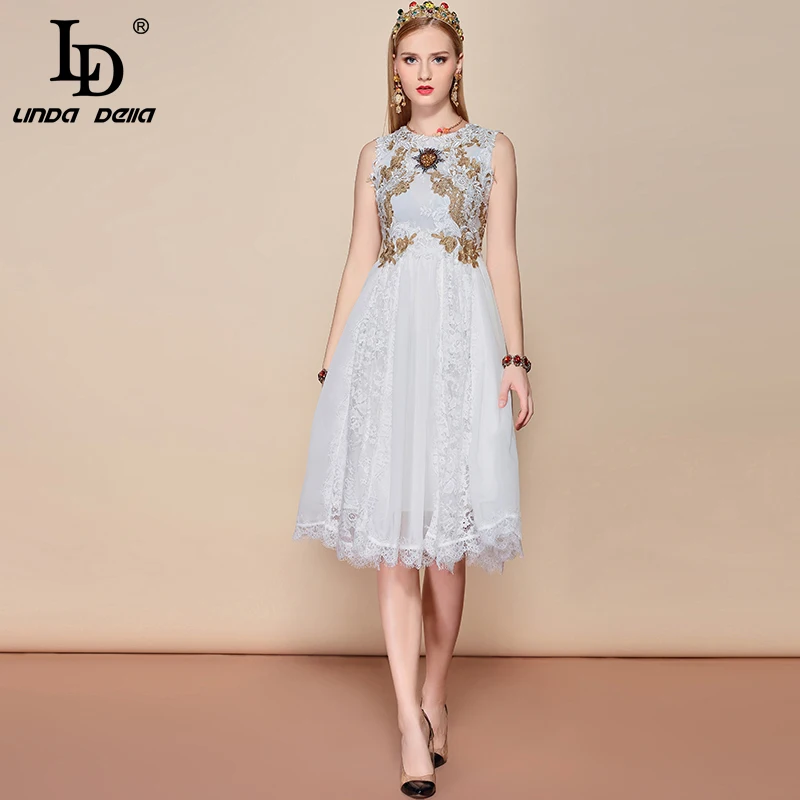 

LD LINDA DELLA Casual Party Summer Dress Women's Sleeveless Gorgeous Lace Patchwork Floral Embroidered Midi White Elegant Dress