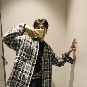 

2019 Men's Lattice Printing Loose Coats Thickening Hawaiian Woolen Cloth Shirt French Cuff Shirts Male Camisa Masculina M-XL