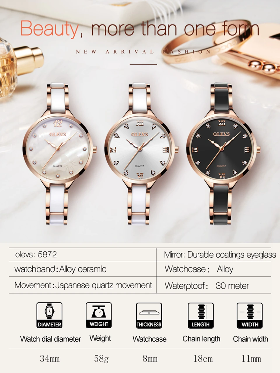 OLEVS Ladies Ceramic Watches Lady Rose Gold Women Dress Watch Luminous Black Steel Strap Womens Wrist Watches Gifts reloj mujer