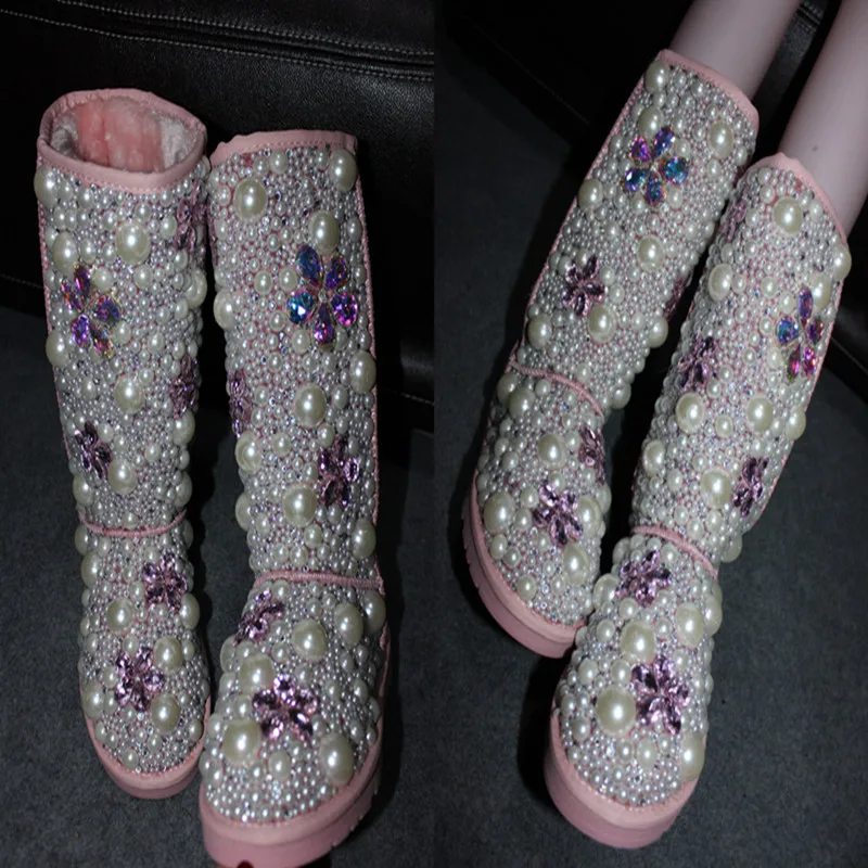 

High quality handmade full rhinestone pearl flower rhinestone high genuine leather elevator barreled snow boots